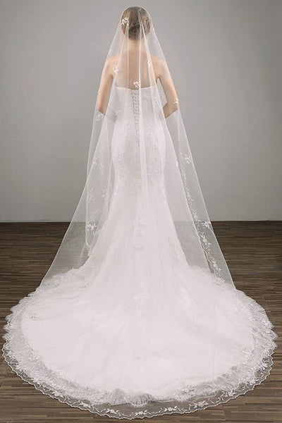 Two Tier Lace Appliques Edge Cathedral Veil Long Wedding Veil - BOLODOO