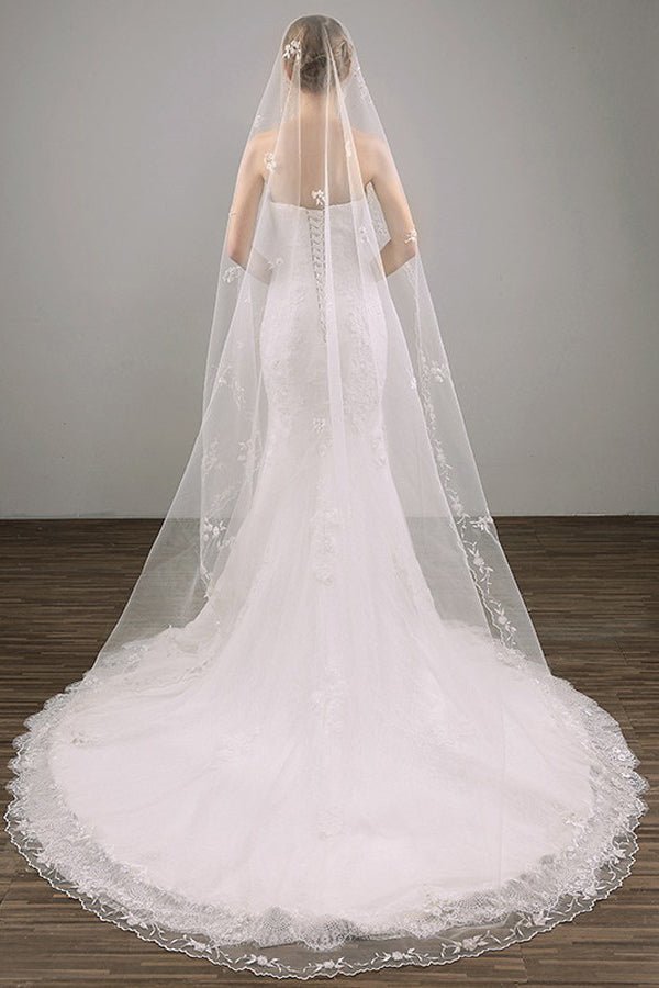 Two Tier Lace Appliques Edge Cathedral Veil Long Wedding Veil - BOLODOO