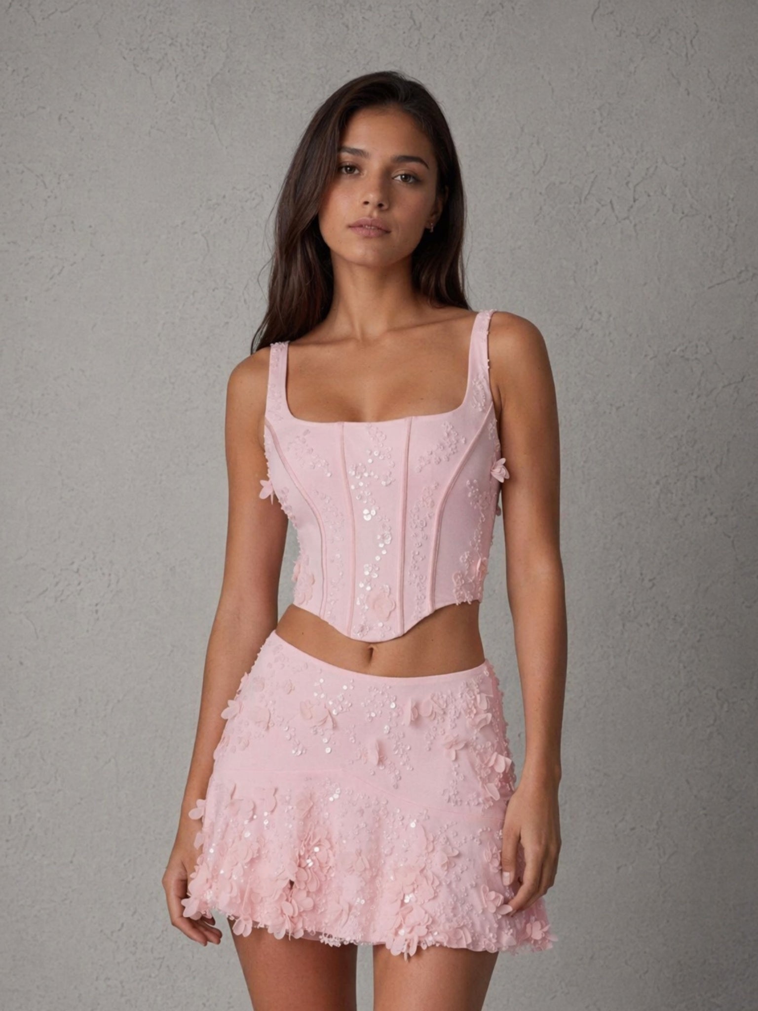 BOLODOO blush pink 3D floral lace corset top and mini skirt set - walking pose full length