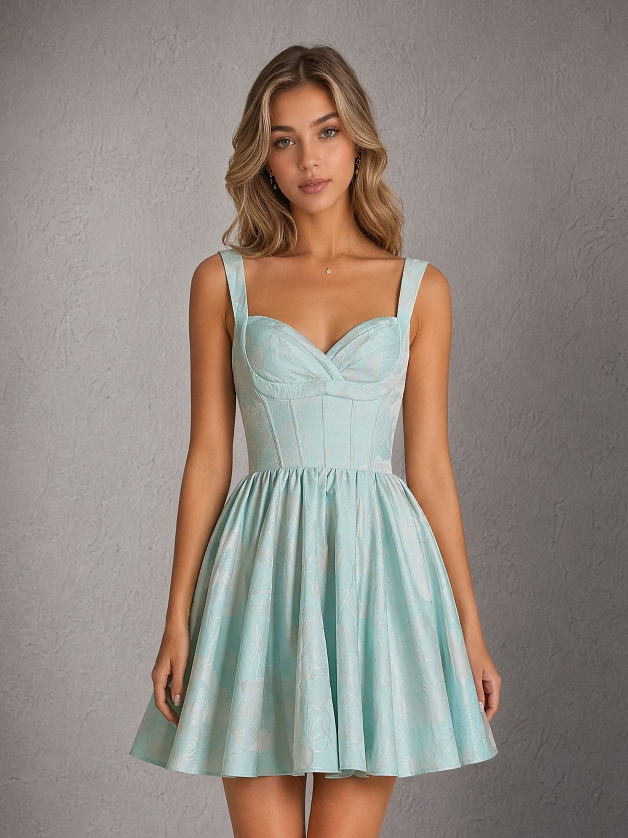 BOLODOO Mint Blue Floral Jacquard Sweetheart Wide Strap Corset A-Line Mini Dress - Front Upper Body Smiling Close Up showing Corset Bodice Detail
