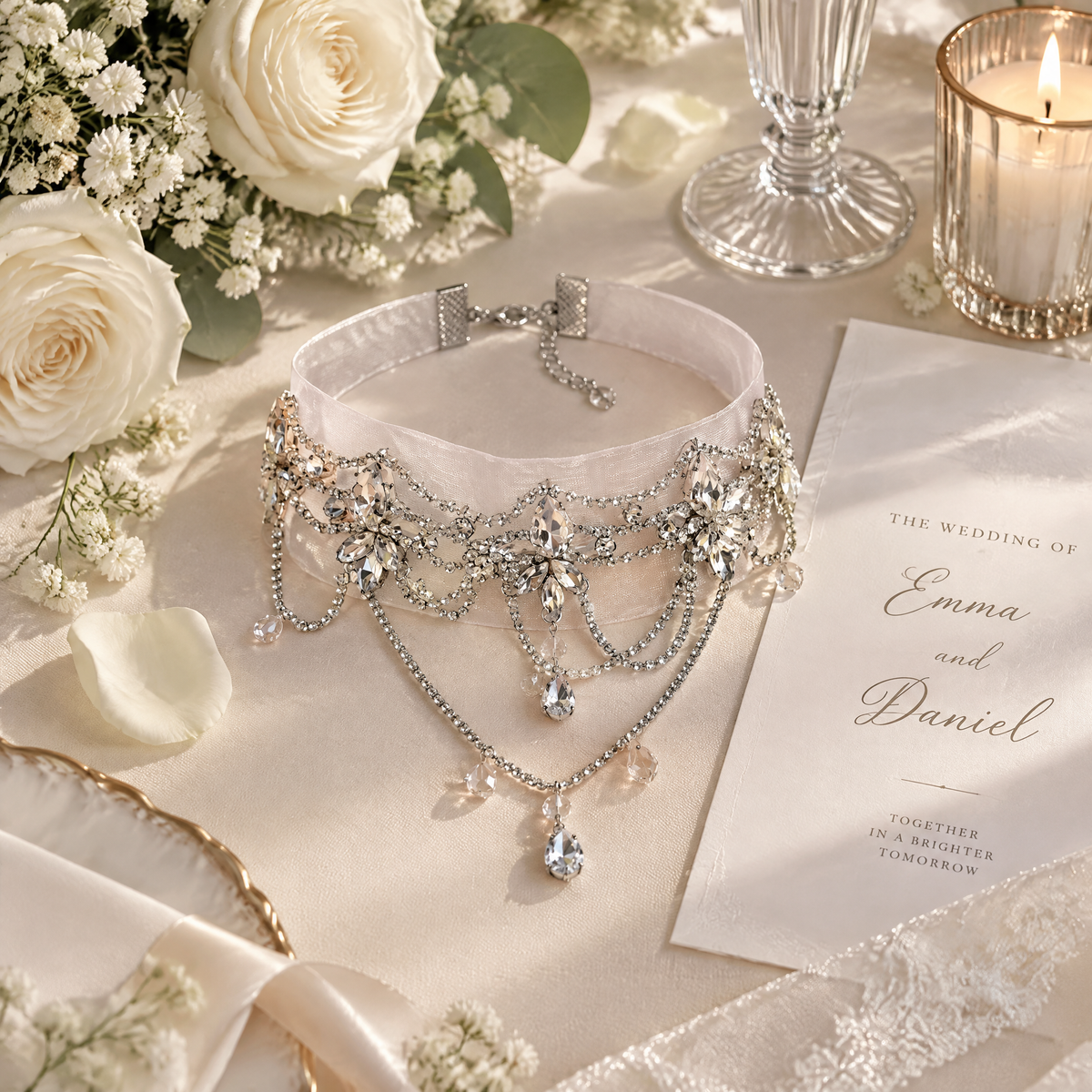 BOLODOO bridal statement choker styled beside white roses and wedding stationery
