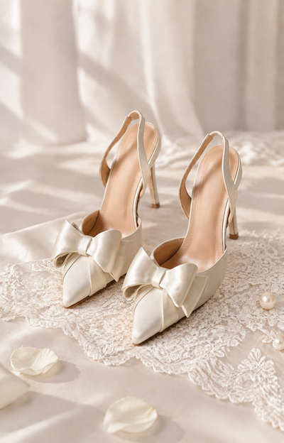 BOLODOO XCD014 ivory pointed-toe bridal heels with oversized bows and slingback straps