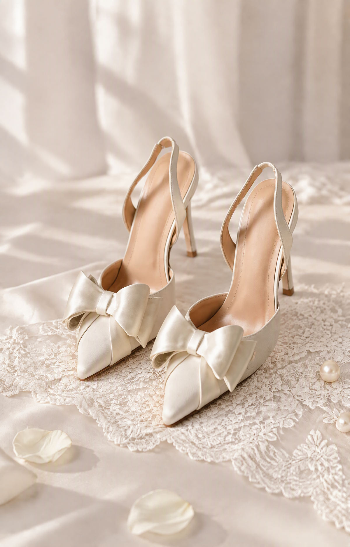 BOLODOO XCD014 ivory pointed-toe bridal heels with oversized bows and slingback straps