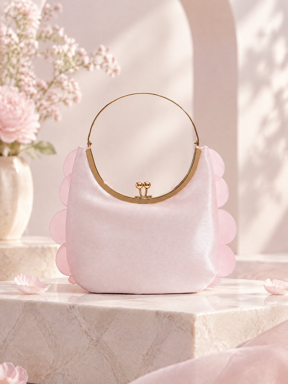 Smooth pale pink satin side of the disc evening bag with scalloped edges