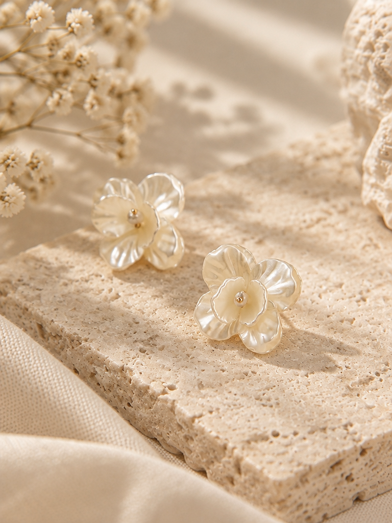 BOLODOO Ivory Iridescent Flower Bridal Earrings with Gold-Tone Centers 