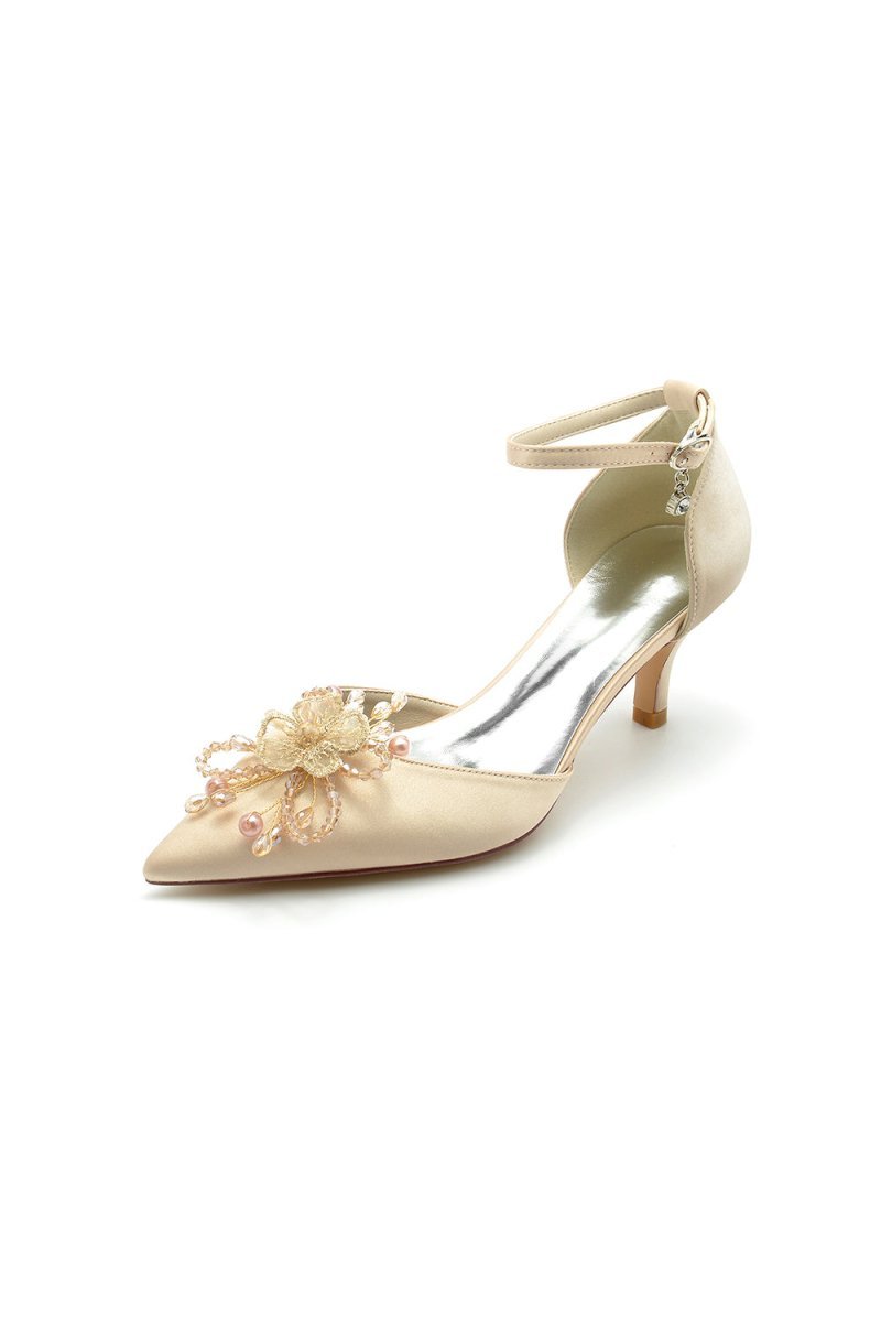 Floral Pointed Toe Beading Kitten Heels - BOLODOO