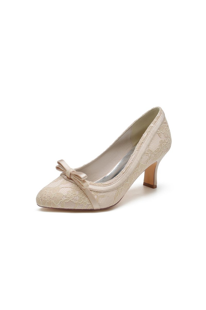 Chic Champagne Lace Formal Heels with Matching Bow - BOLODOO