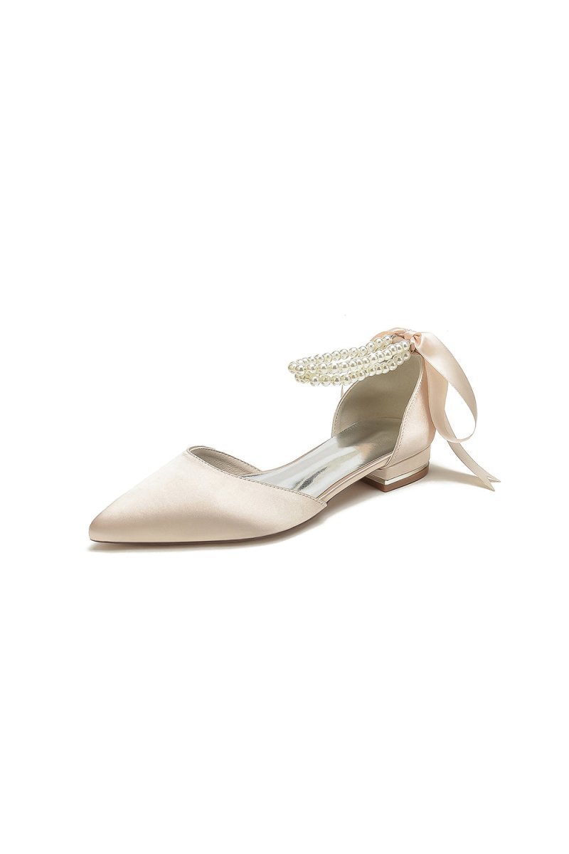 Pointed Toe Pearl Ribbon Ankle Strap Kitten Heels - BOLODOO