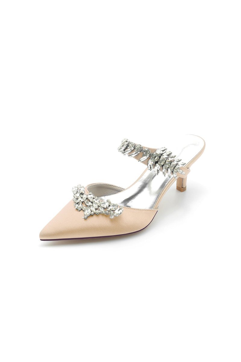 Satin Pointed Toe Mules with Crystal Rhinestone - BOLODOO