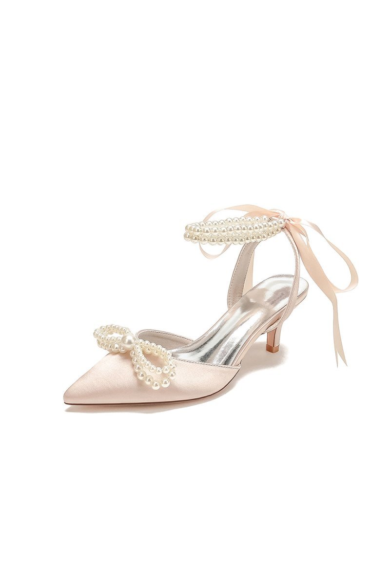 Pearl Ribbon Pointed Toe Ankle Strap High Heels - BOLODOO