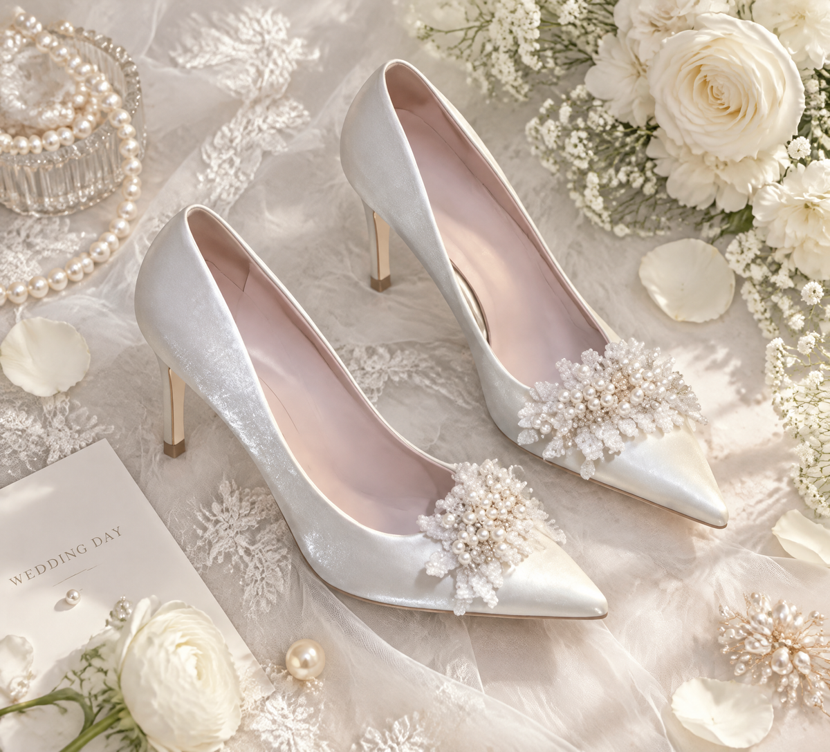 White floral bridal stiletto pumps displayed with wedding flowers and lace