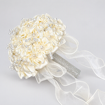 BOLODOO EE0002 ivory bridal bouquet with pearl-style beads, sparkling handle and sheer ribbon tails on a neutral background