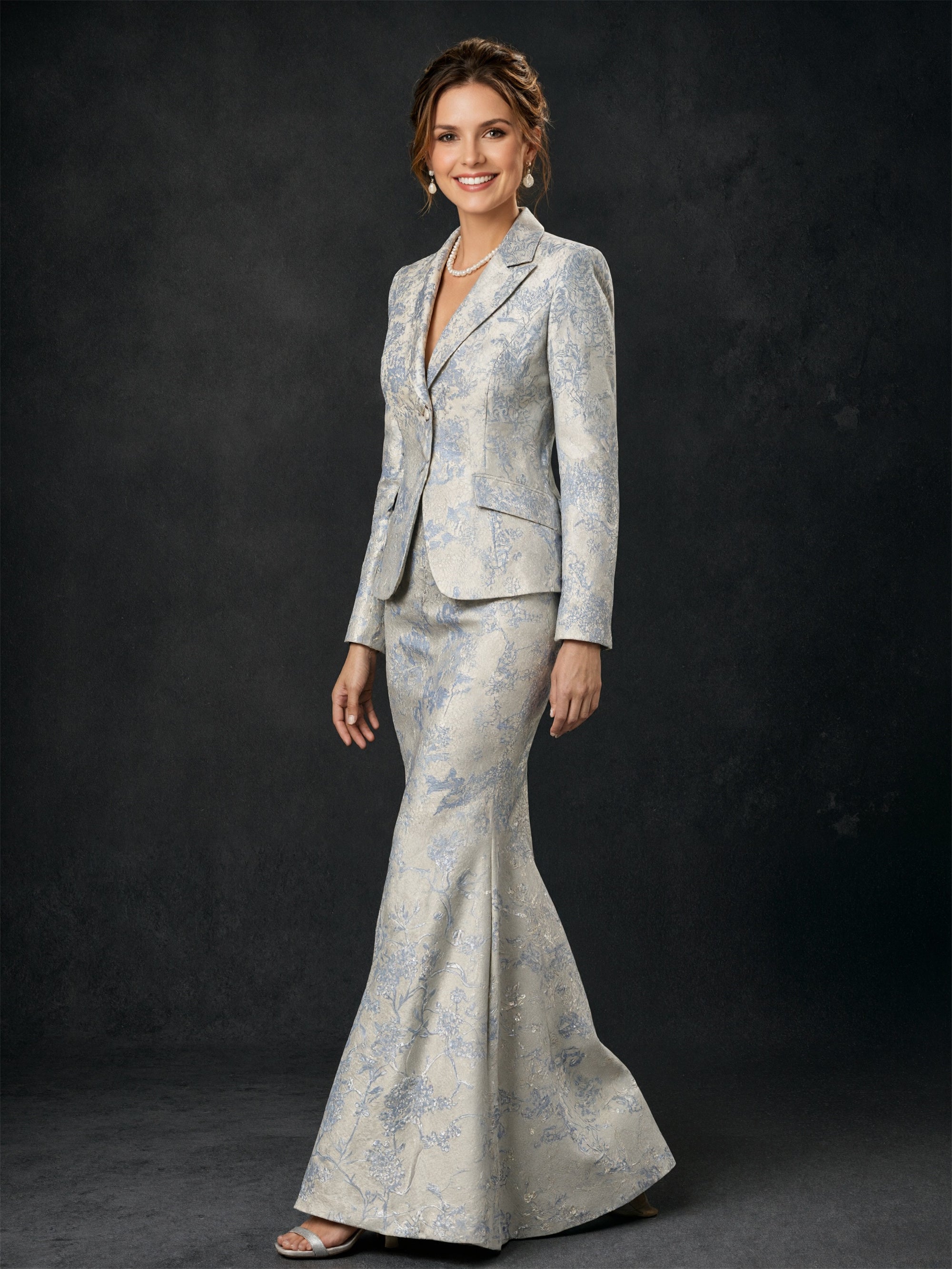 BOLODOO silver blue floral jacquard 2-piece blazer and mermaid skirt set - front full body view showing notch lapel blazer and floor-length mermaid skirt