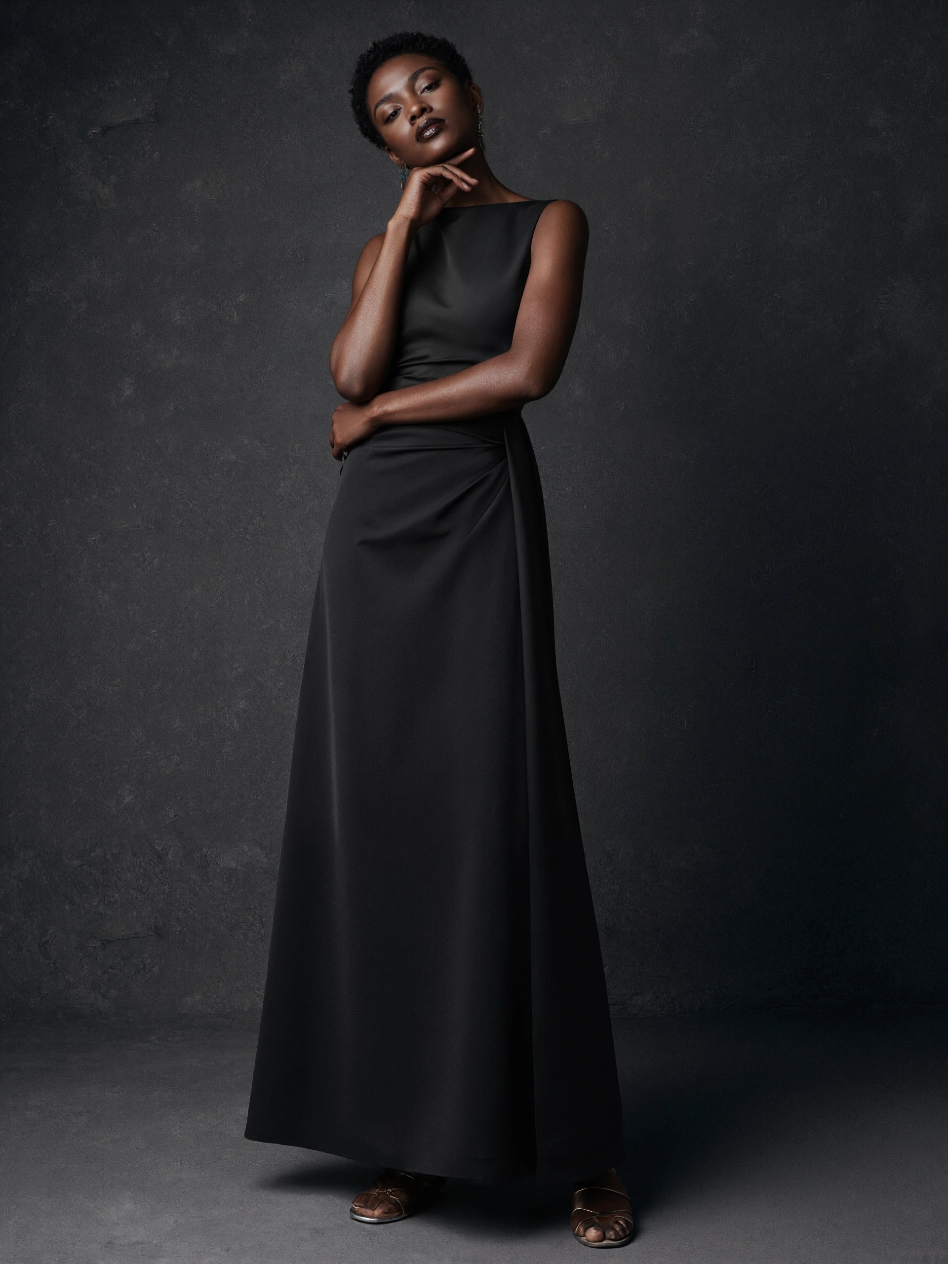 BOLODOO Black Crepe Bateau Neck Ruched A-Line Maxi Dress
