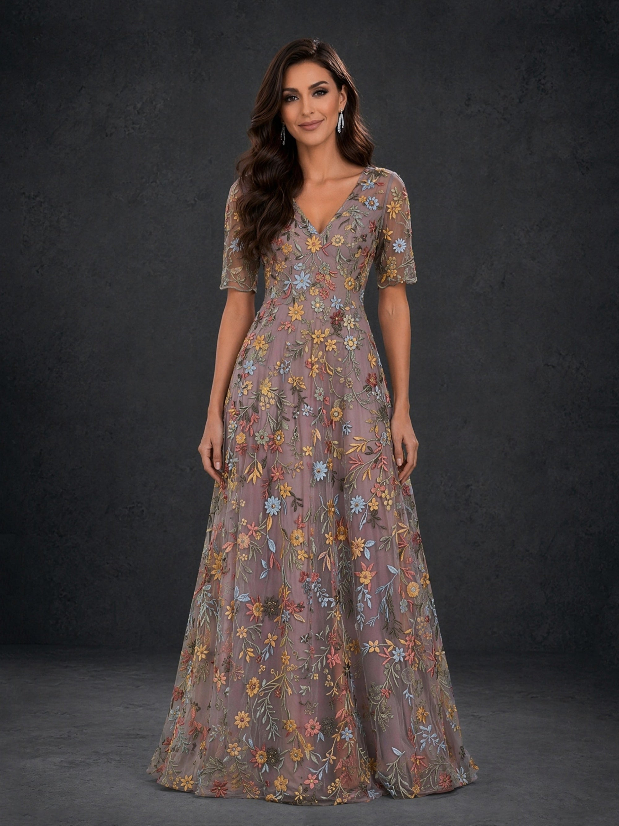 BOLODOO dusty mauve floral embroidered tulle short sleeve V-neck A-line maxi dress - front three-quarter view