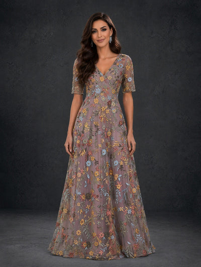BOLODOO dusty mauve floral embroidered tulle short sleeve V-neck A-line maxi dress - front three-quarter view
