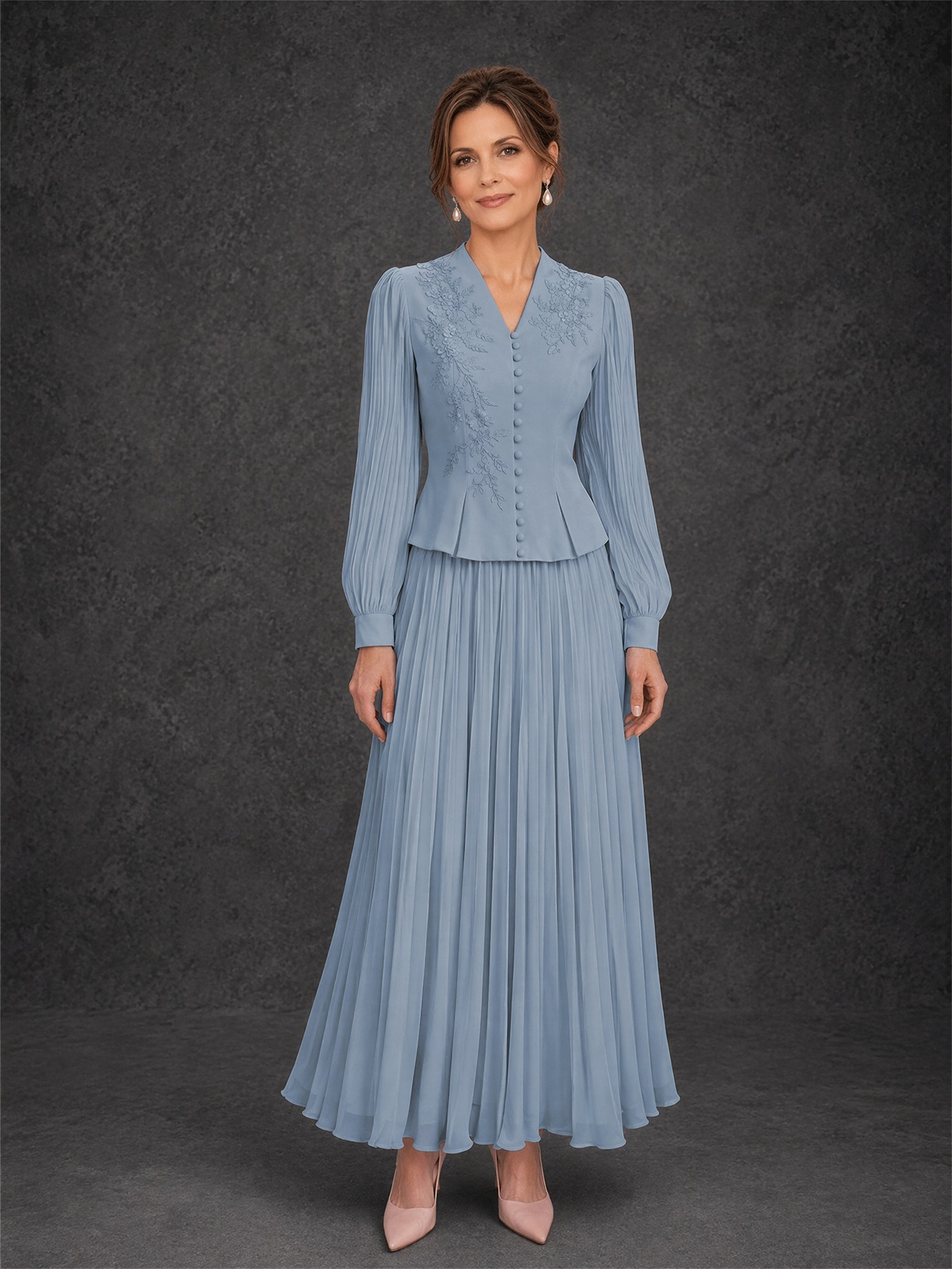 BOLODOO Dusty Blue Lace Embroidered V-Neck Lantern Sleeve Peplum Pleated Maxi Dress - Front Full Length View