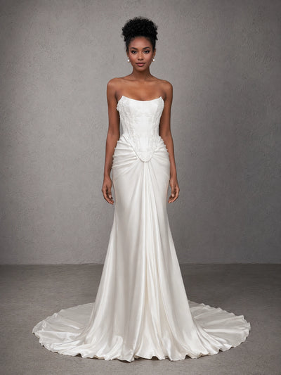 BOLODOO White Strapless Straight Neck Lace Corset Draped Satin Mermaid Wedding Gown with Slit and Train evening gown