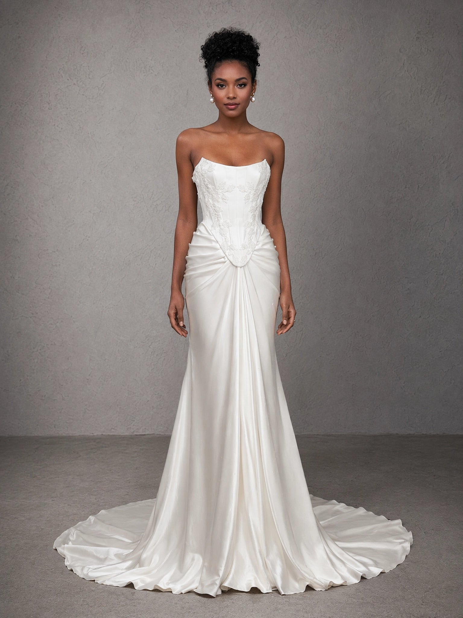 BOLODOO White Strapless Straight Neck Lace Corset Draped Satin Mermaid Wedding Gown with Slit and Train