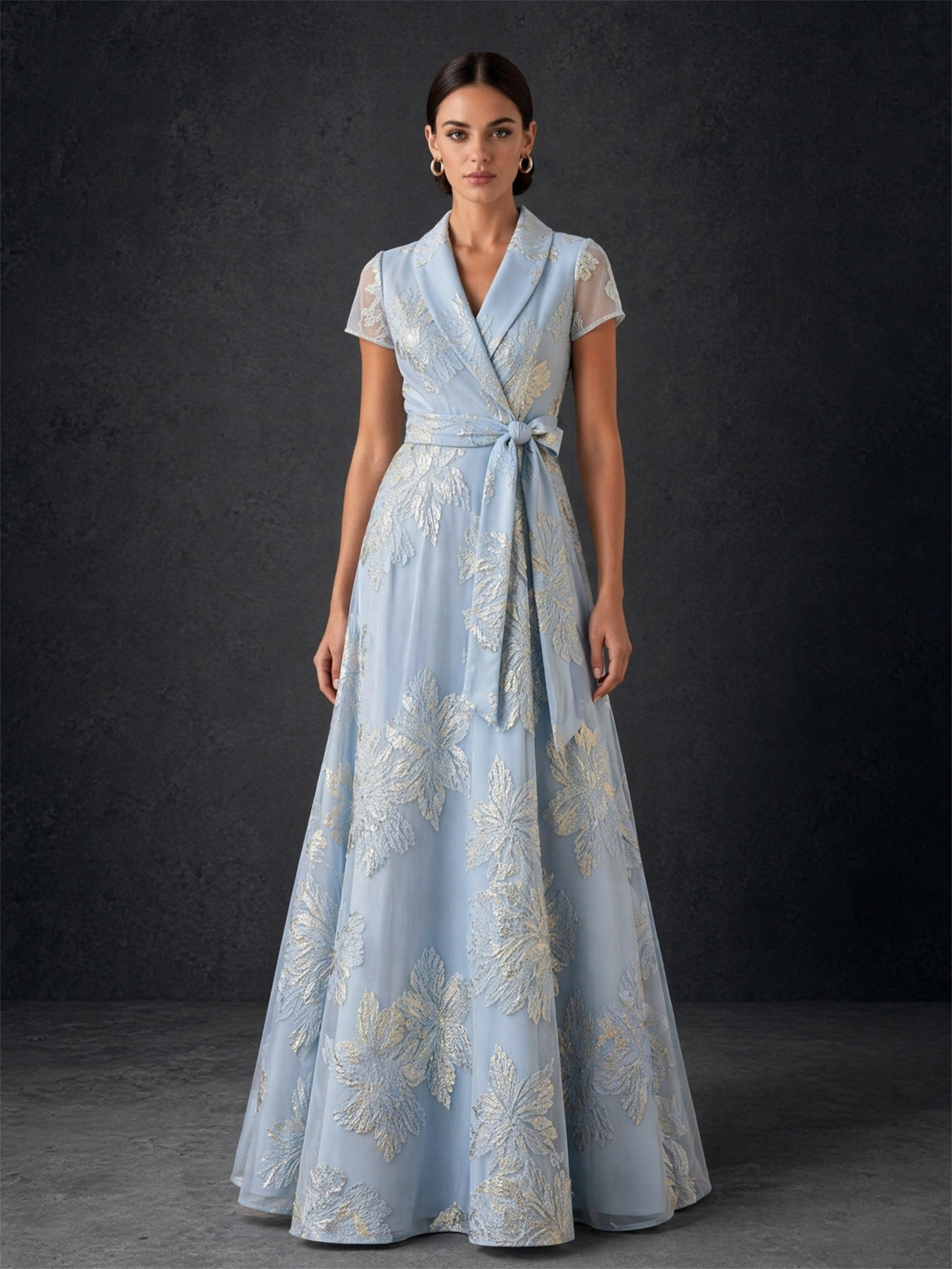 BOLODOO dusty blue metallic jacquard wrap maxi gown - front full length direct gaze showing shawl collar and self-tie waist bow