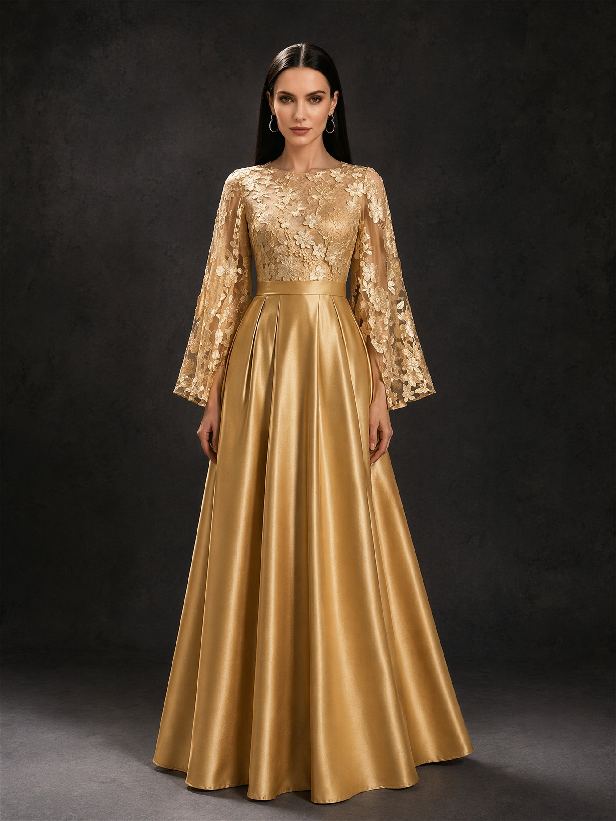 BOLODOO Gold Long Lantern Sleeve Floral Lace Illusion Bodice Satin A-Line Gown – Front View Upper Body Close-Up