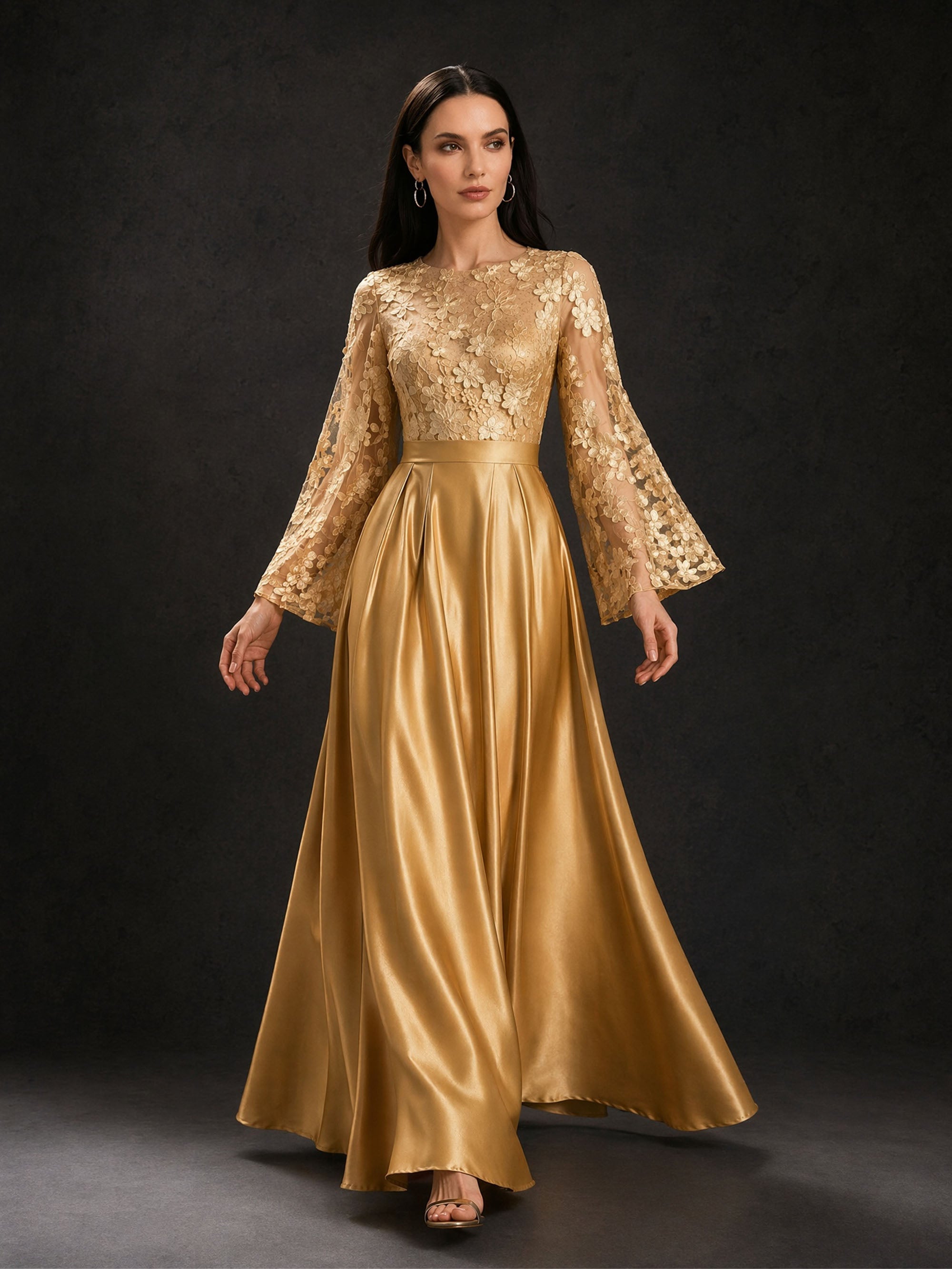 BOLODOO Gold Long Lantern Sleeve Floral Lace Illusion Bodice Satin A-Line Gown – Front View Full Length