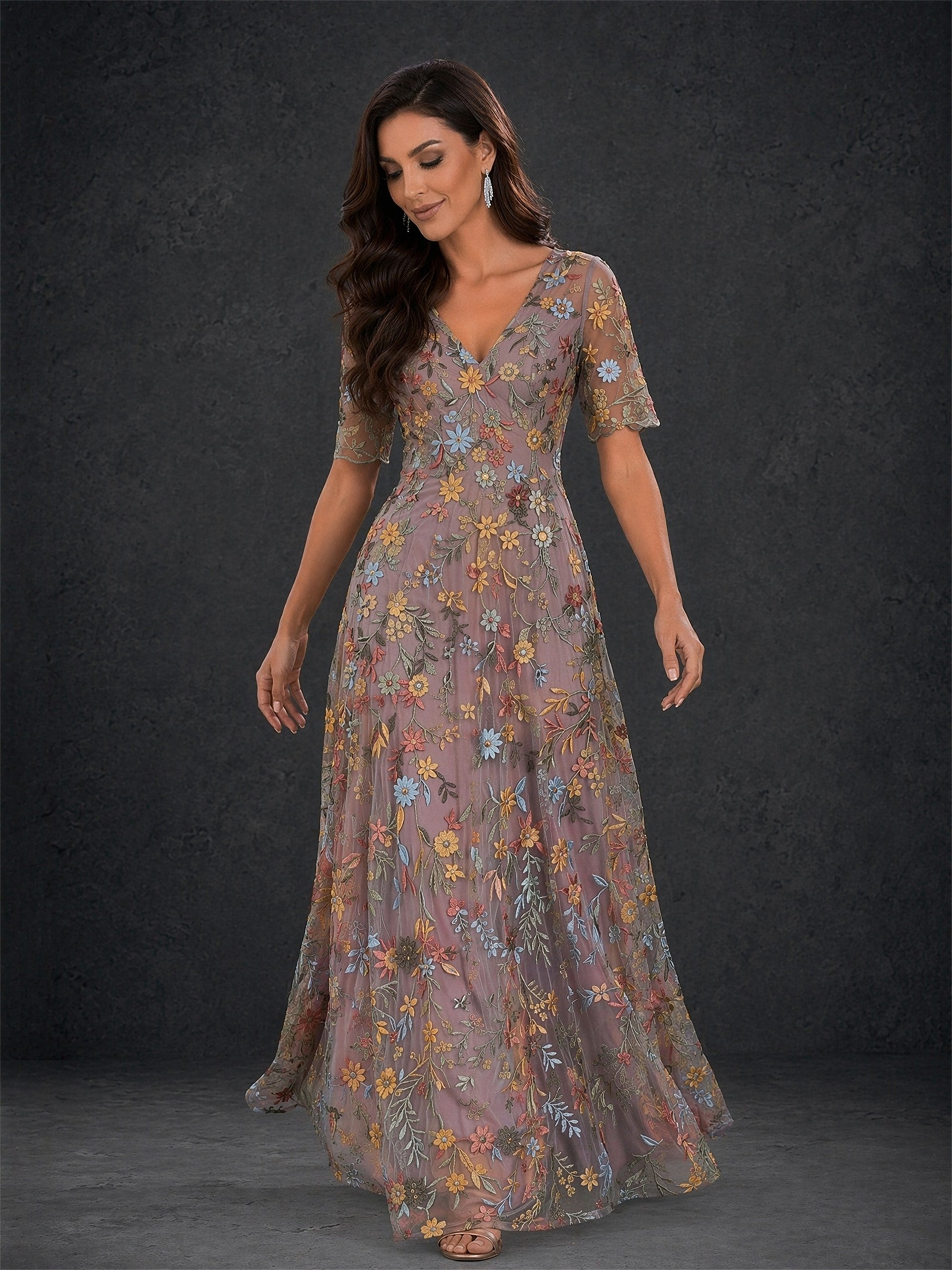 BOLODOO dusty mauve floral embroidered tulle short sleeve V-neck A-line maxi dress - front full length view
