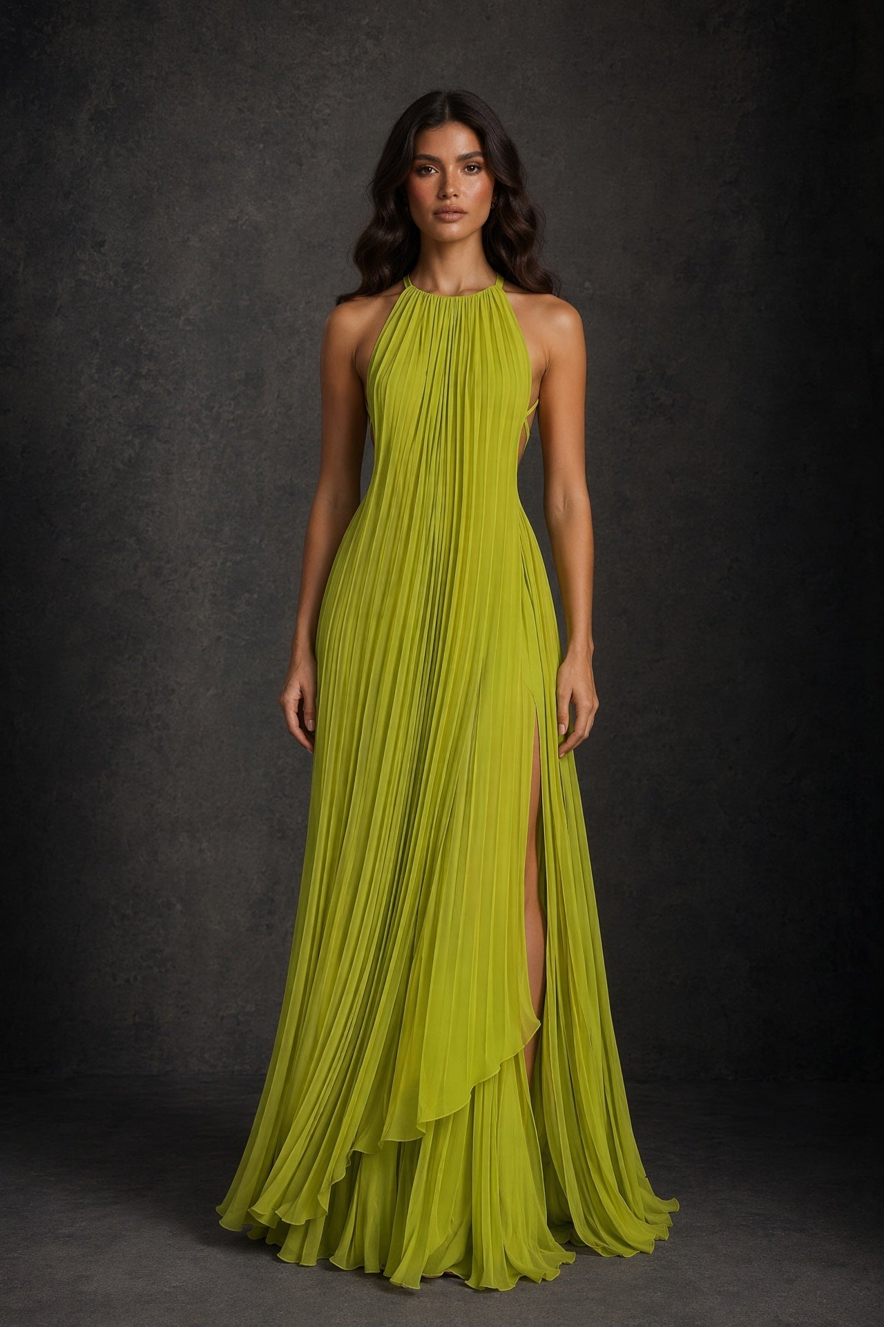 BOLODOO Chartreuse Halter Neck Pleated Chiffon Maxi Dress with Side Slit