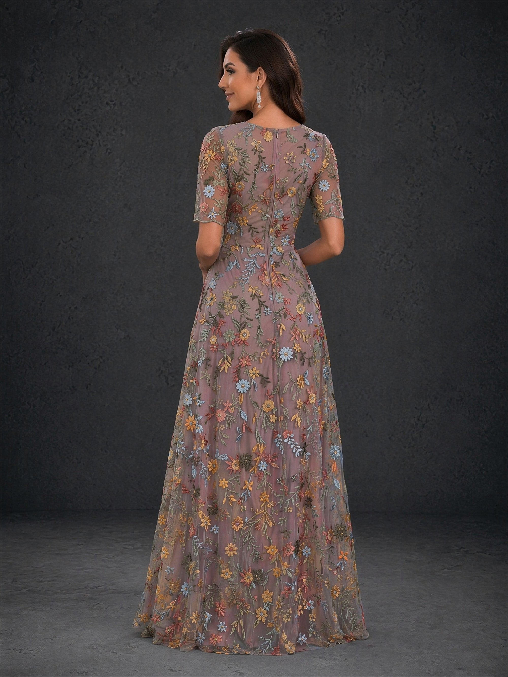 BOLODOO dusty mauve floral embroidered tulle short sleeve V-neck A-line maxi dress - front view looking down
