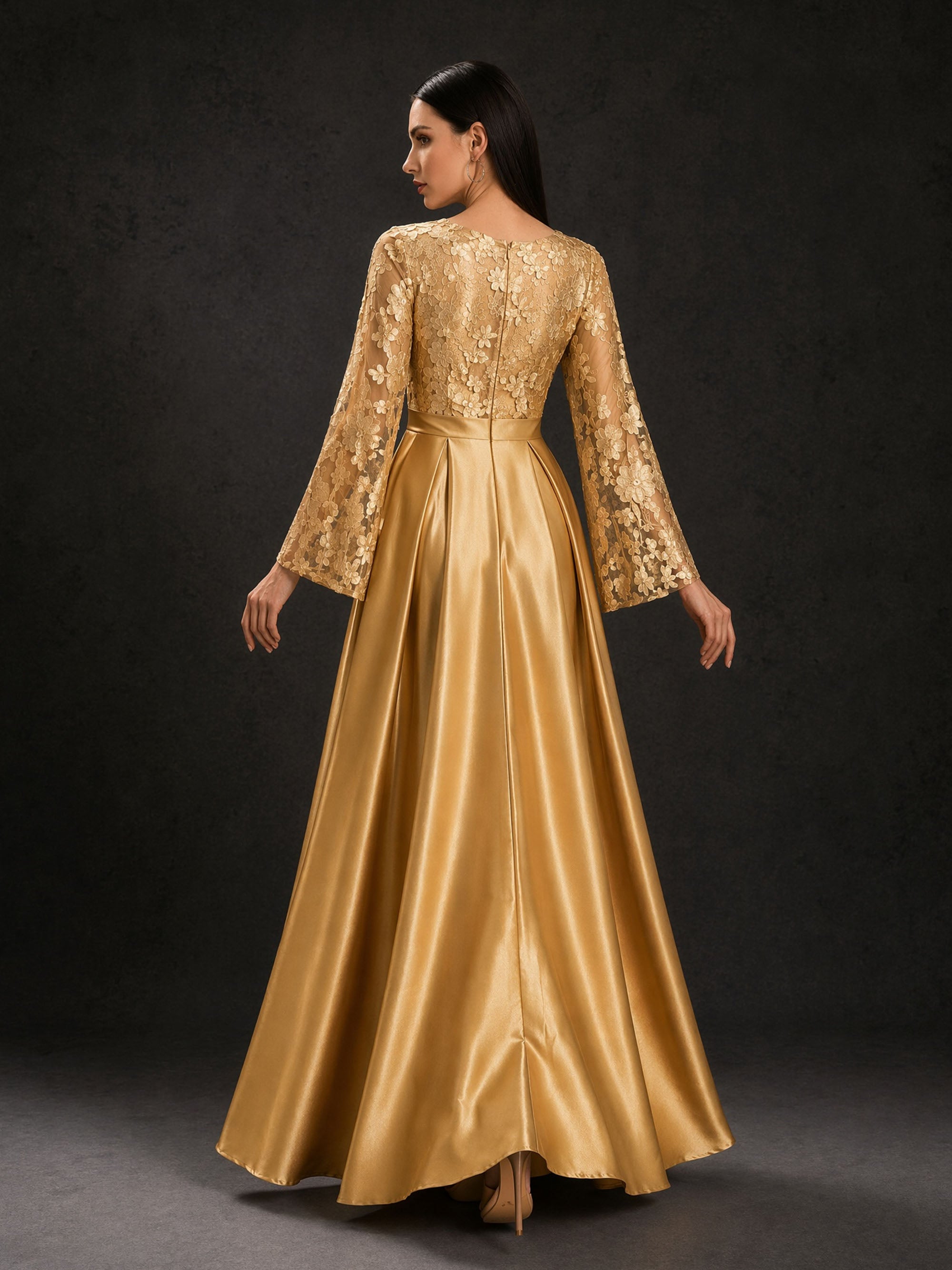 BOLODOO Gold Long Lantern Sleeve Floral Lace Illusion Bodice Satin A-Line Gown – Front View with Movement