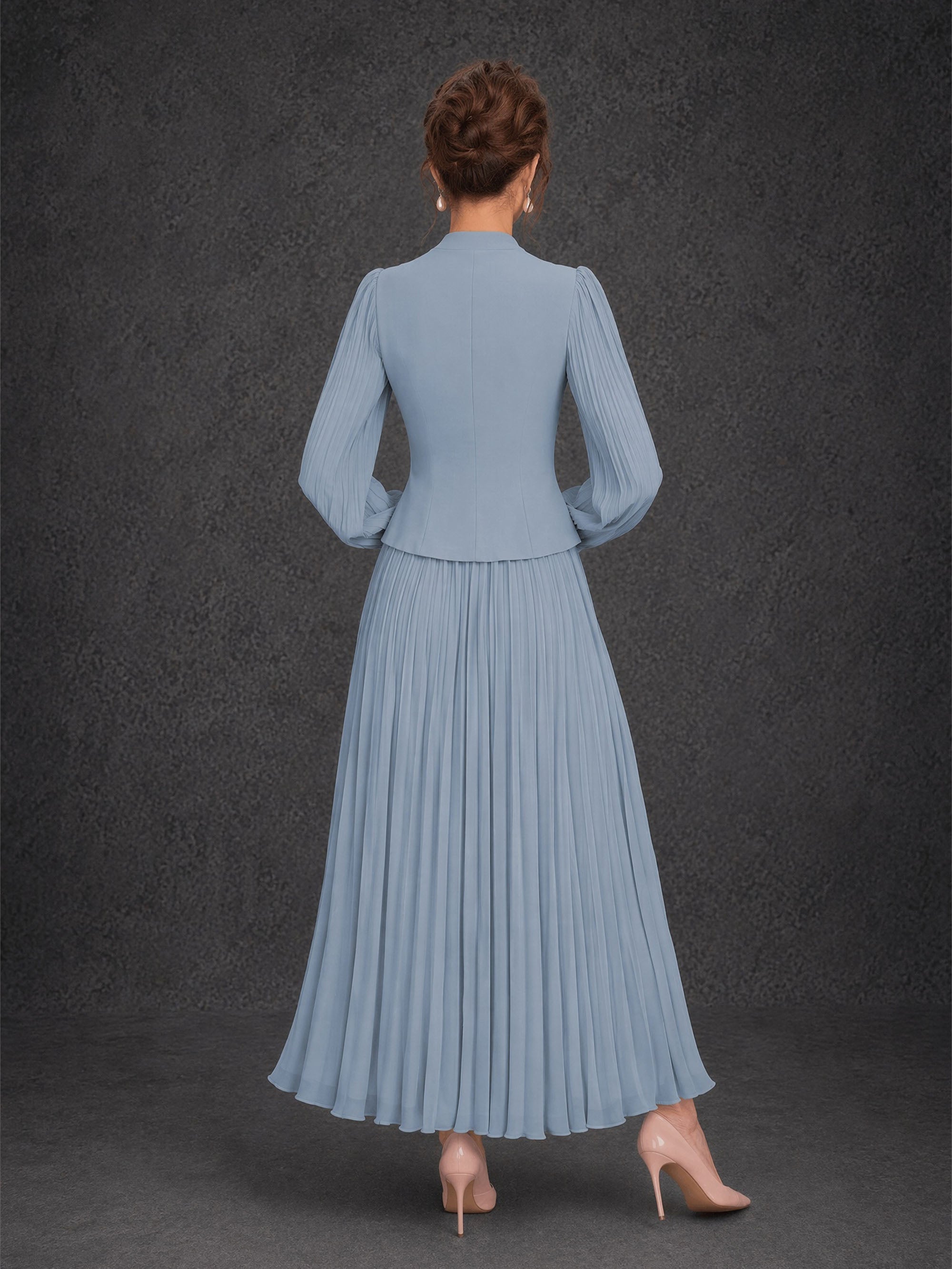 BOLODOO Dusty Blue Lace Embroidered V-Neck Lantern Sleeve Peplum Pleated Maxi Dress - Back View
