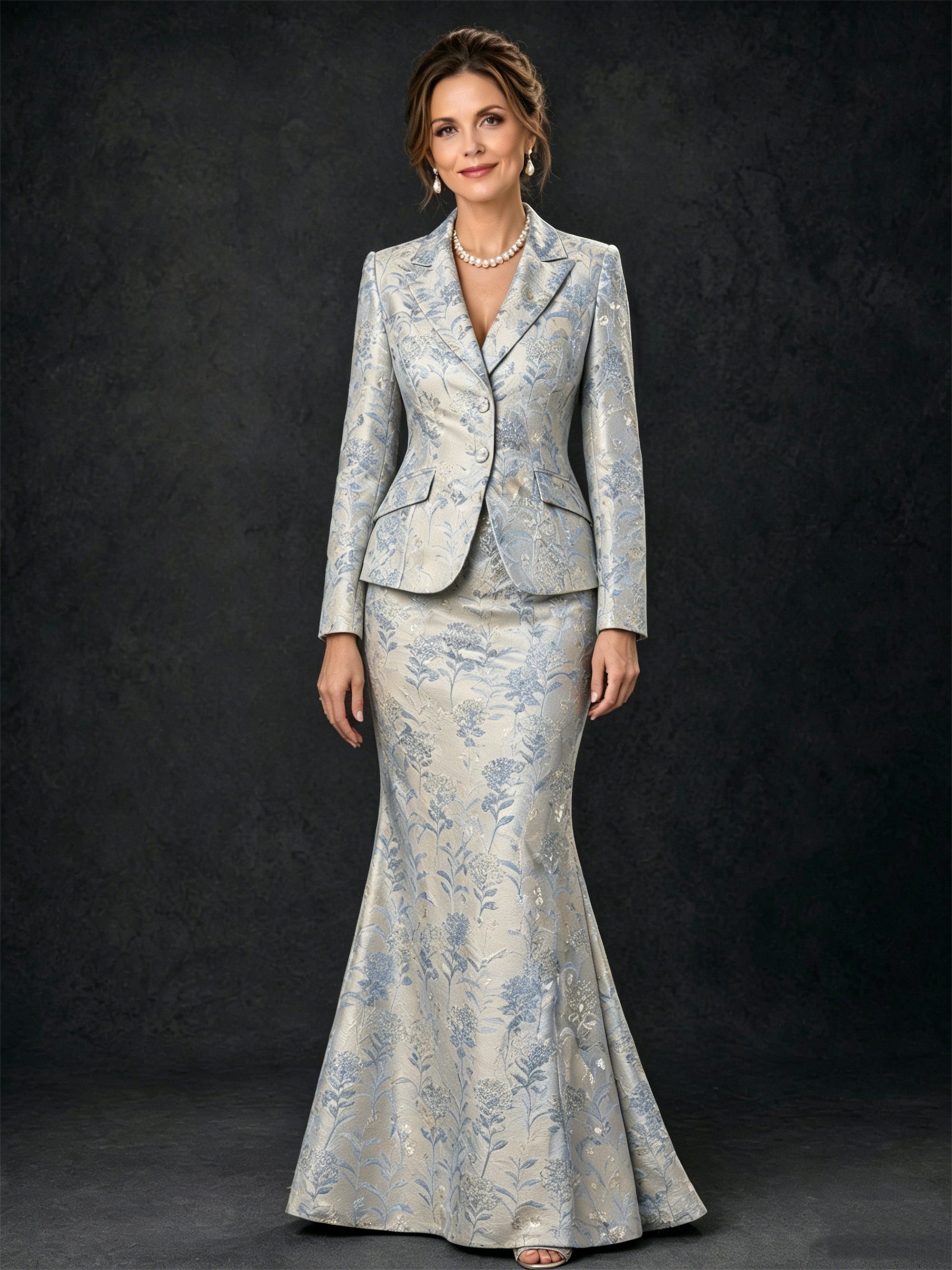 BOLODOO silver blue floral jacquard 2-piece suit - front close-up showing notch lapel, single button closure and jacquard brocade texture detail