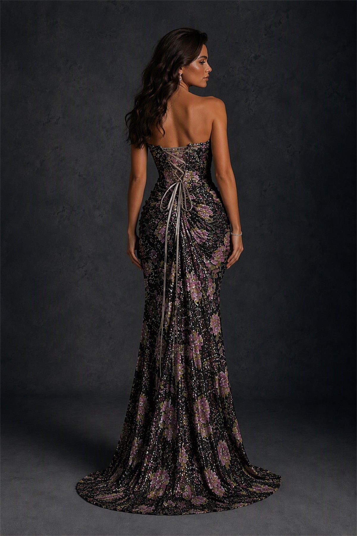 BOLODOO Black Lilac 3D Floral Sequin Strapless Mermaid Evening Gown with Sweep Train 