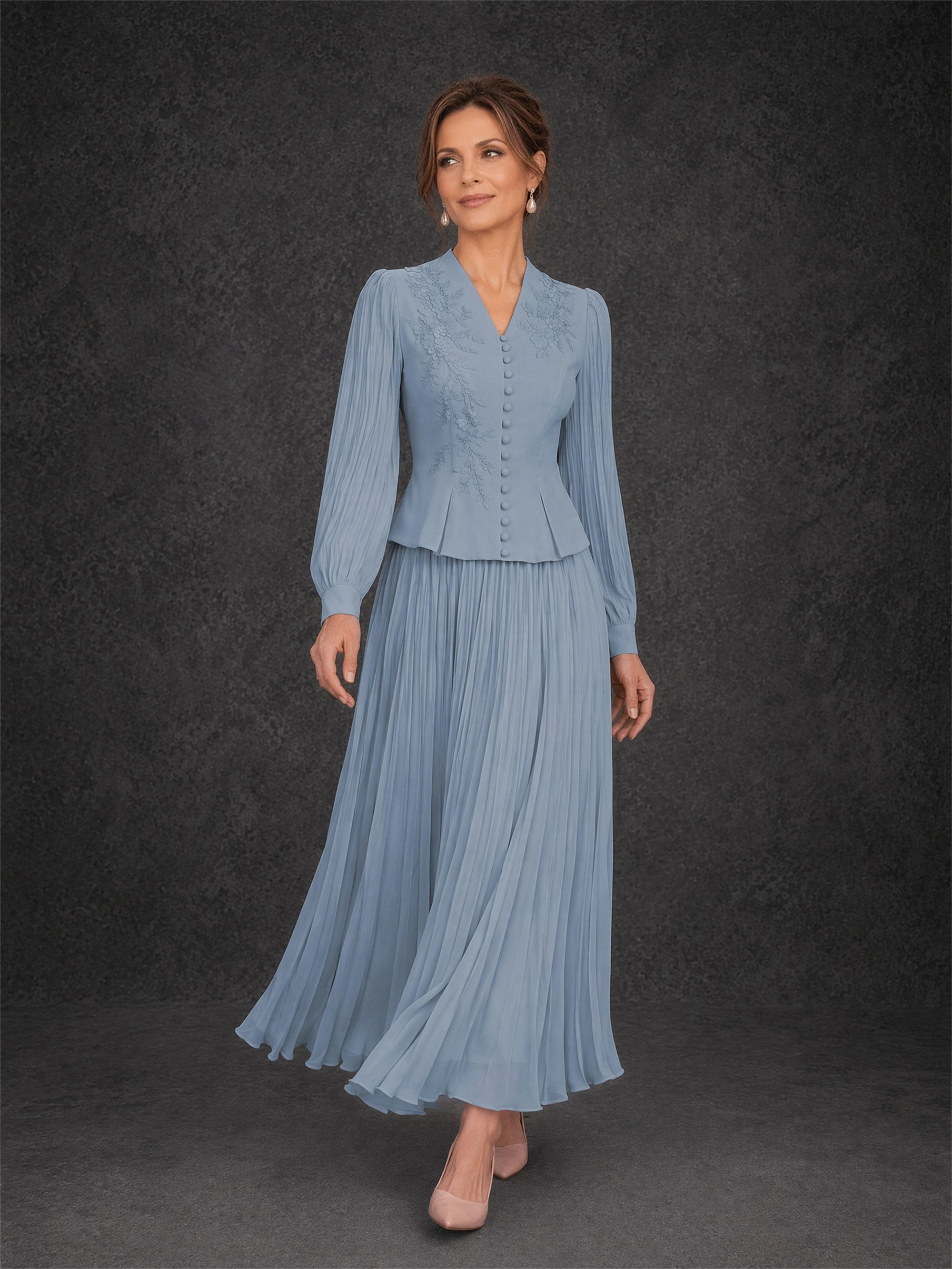 BOLODOO Dusty Blue Lace Embroidered V-Neck Lantern Sleeve Peplum Pleated Maxi Dress - Front Three Quarter Walking View