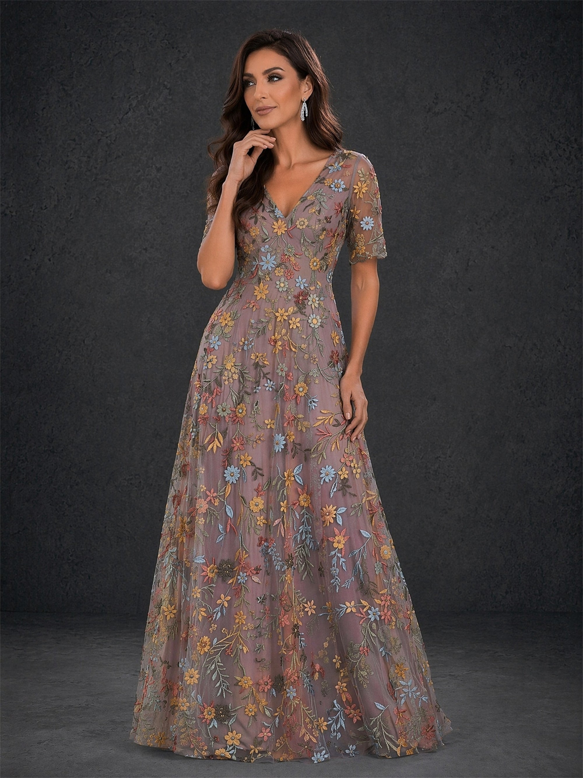 BOLODOO dusty mauve floral embroidered tulle short sleeve V-neck A-line maxi dress - back view