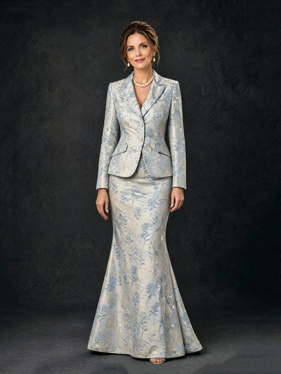 BOLODOO Silver Blue Floral Jacquard 2-Piece Blazer & Mermaid Maxi Skirt Set – Long Sleeve Notch Lapel Mother of the Brid