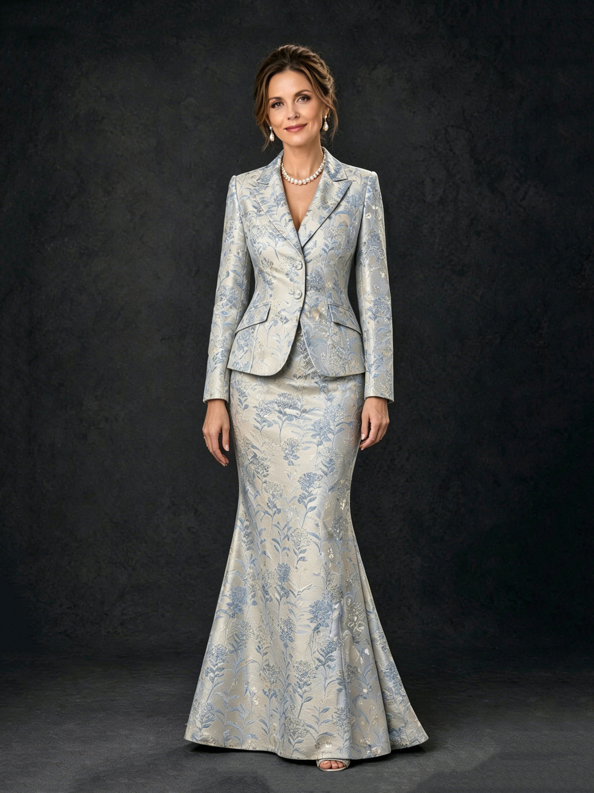 BOLODOO Silver Blue Floral Jacquard 2-Piece Blazer & Mermaid Maxi Skirt Set – Long Sleeve Notch Lapel Mother of the Brid