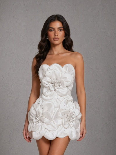 BOLODOO white 3D floral satin strapless mini wedding dress - front full length third angle