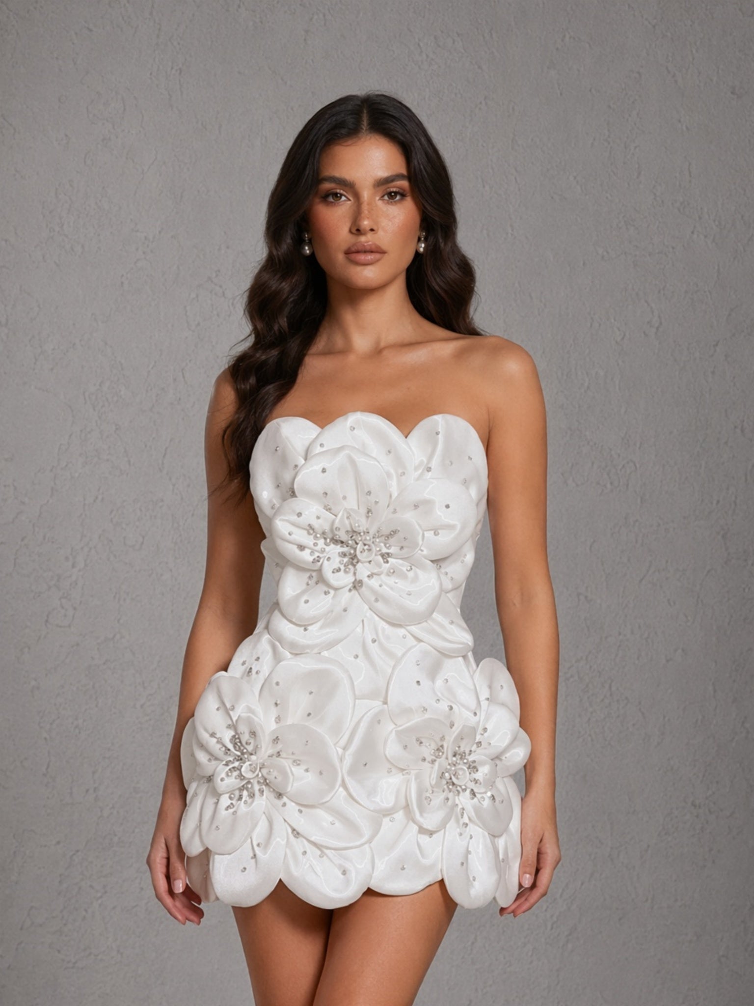 BOLODOO white 3D floral satin strapless mini wedding dress - front full length third angle