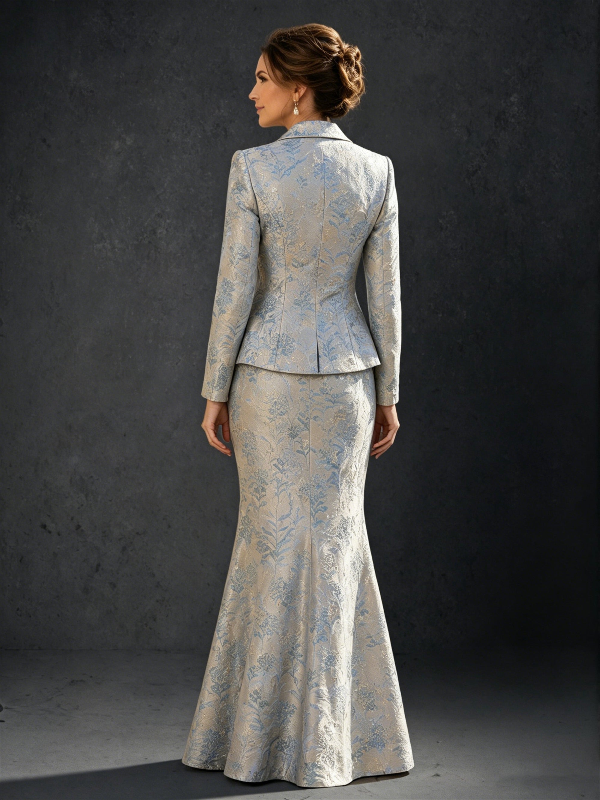 BOLODOO silver blue floral jacquard blazer and mermaid skirt set - back view showing structured blazer back and sweeping floor-length mermaid skirt