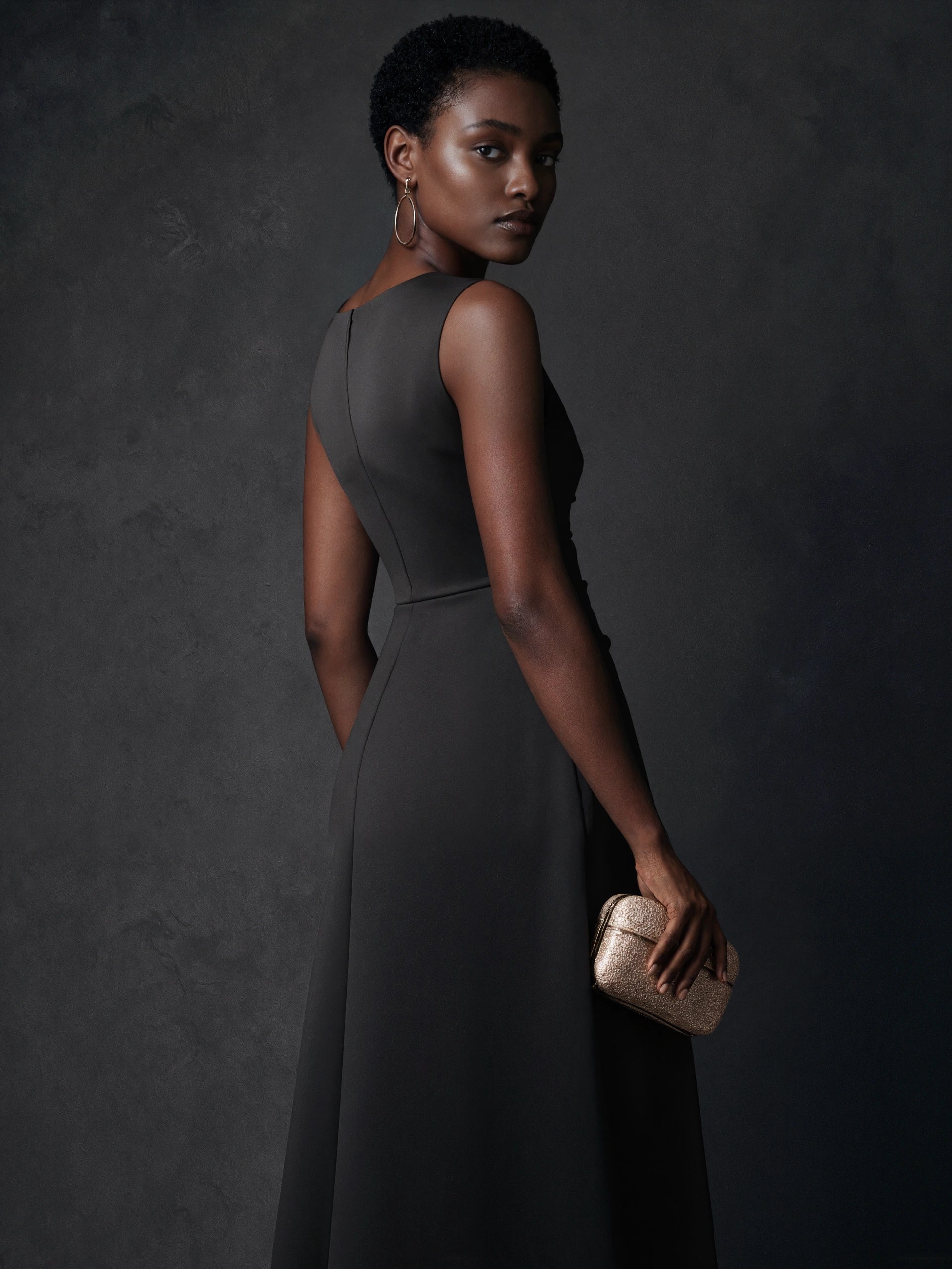 BOLODOO Black Crepe Bateau Neck Ruched A-Line Maxi Dress