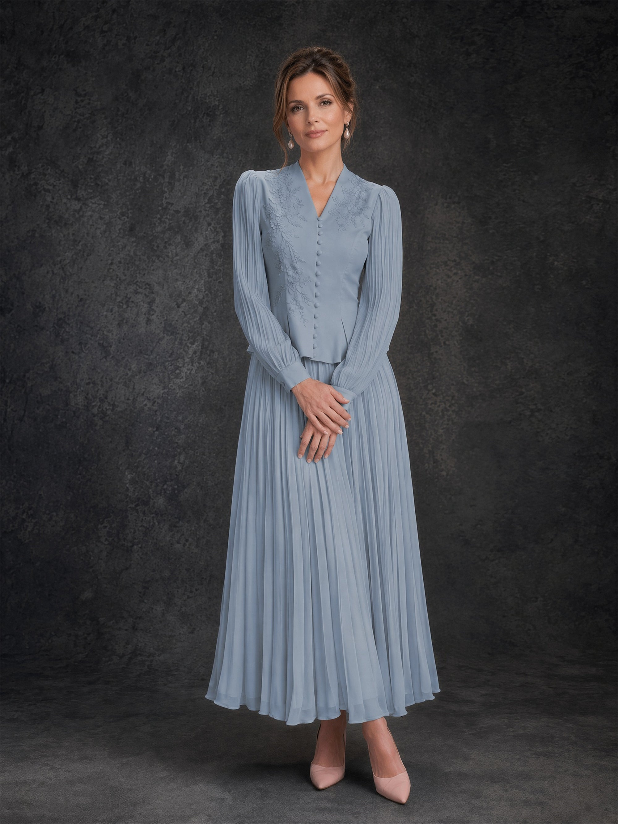 BOLODOO Dusty Blue Lace Embroidered V-Neck Lantern Sleeve Peplum Pleated Maxi Dress - Front Full Length Hands Clasped