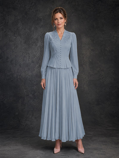 BOLODOO Dusty Blue Lace Embroidered V-Neck Lantern Sleeve Peplum Pleated Maxi Dress - Front Full Length Dark Background