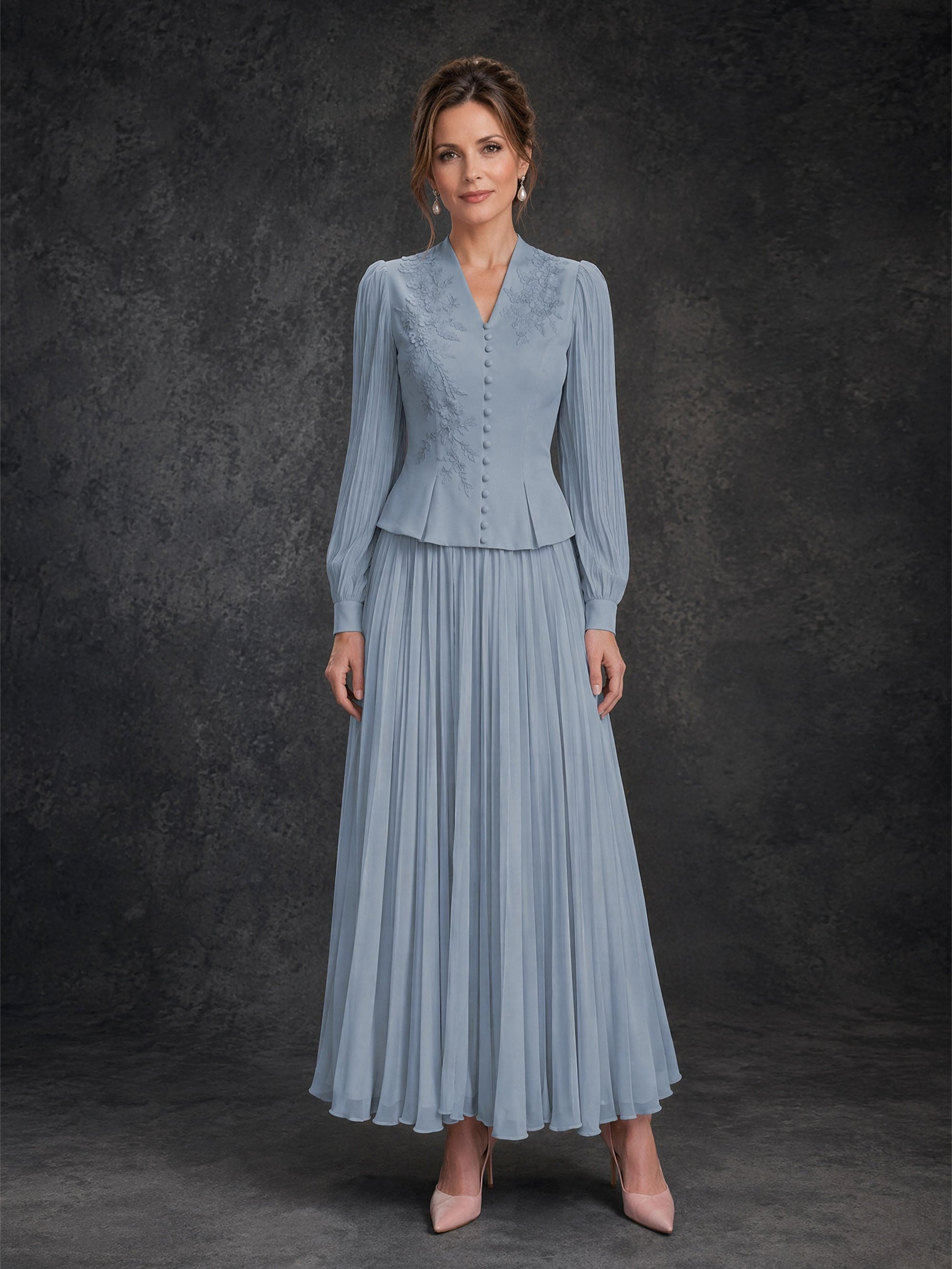 BOLODOO Dusty Blue Lace Embroidered V-Neck Lantern Sleeve Peplum Pleated Maxi Dress - Front Full Length Dark Background