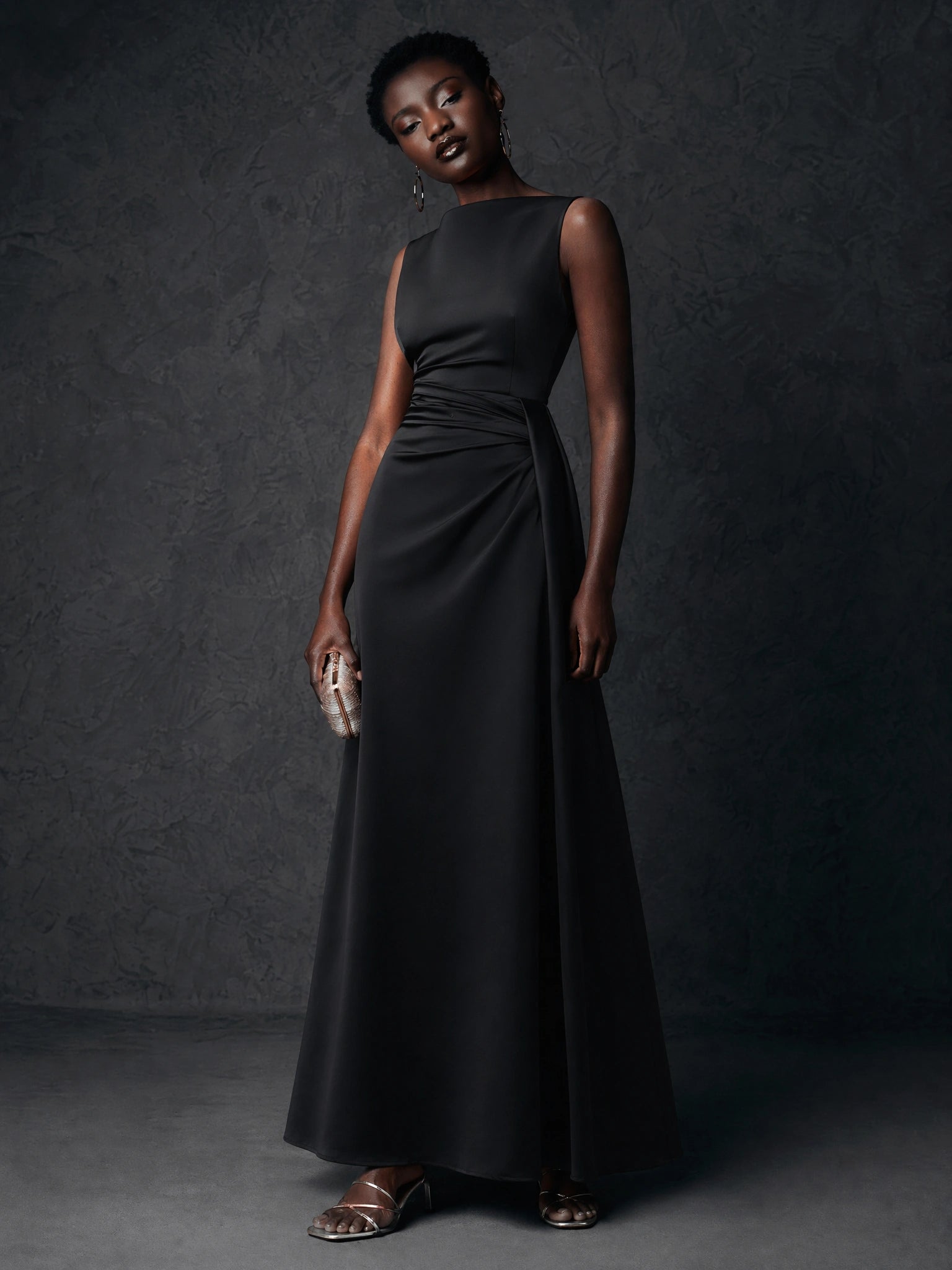 BOLODOO Black Crepe Bateau Neck Ruched A-Line Maxi Dress