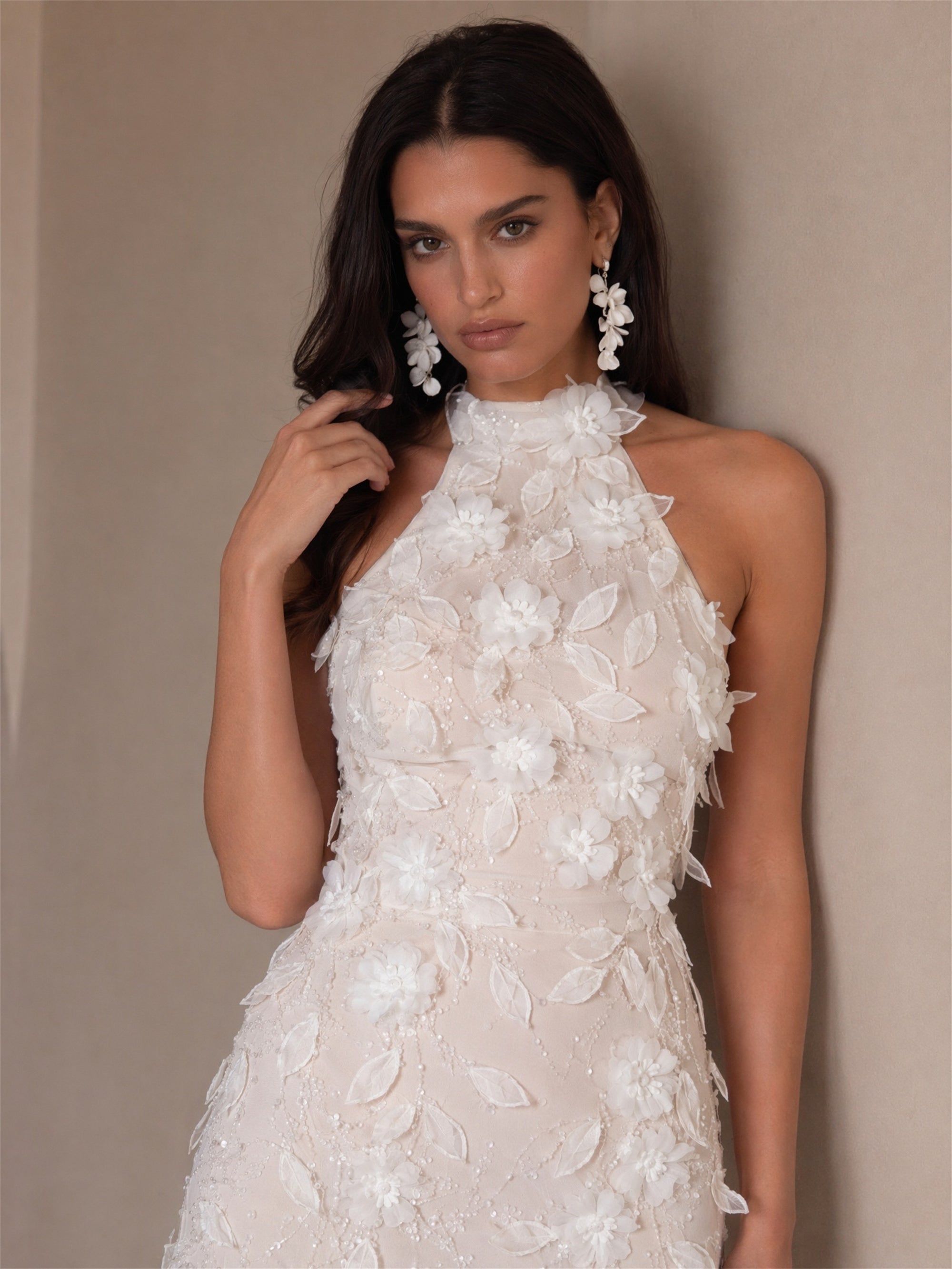 BOLODOO white 3D floral appliqué halter mini dress - close up bodice and neckline detail