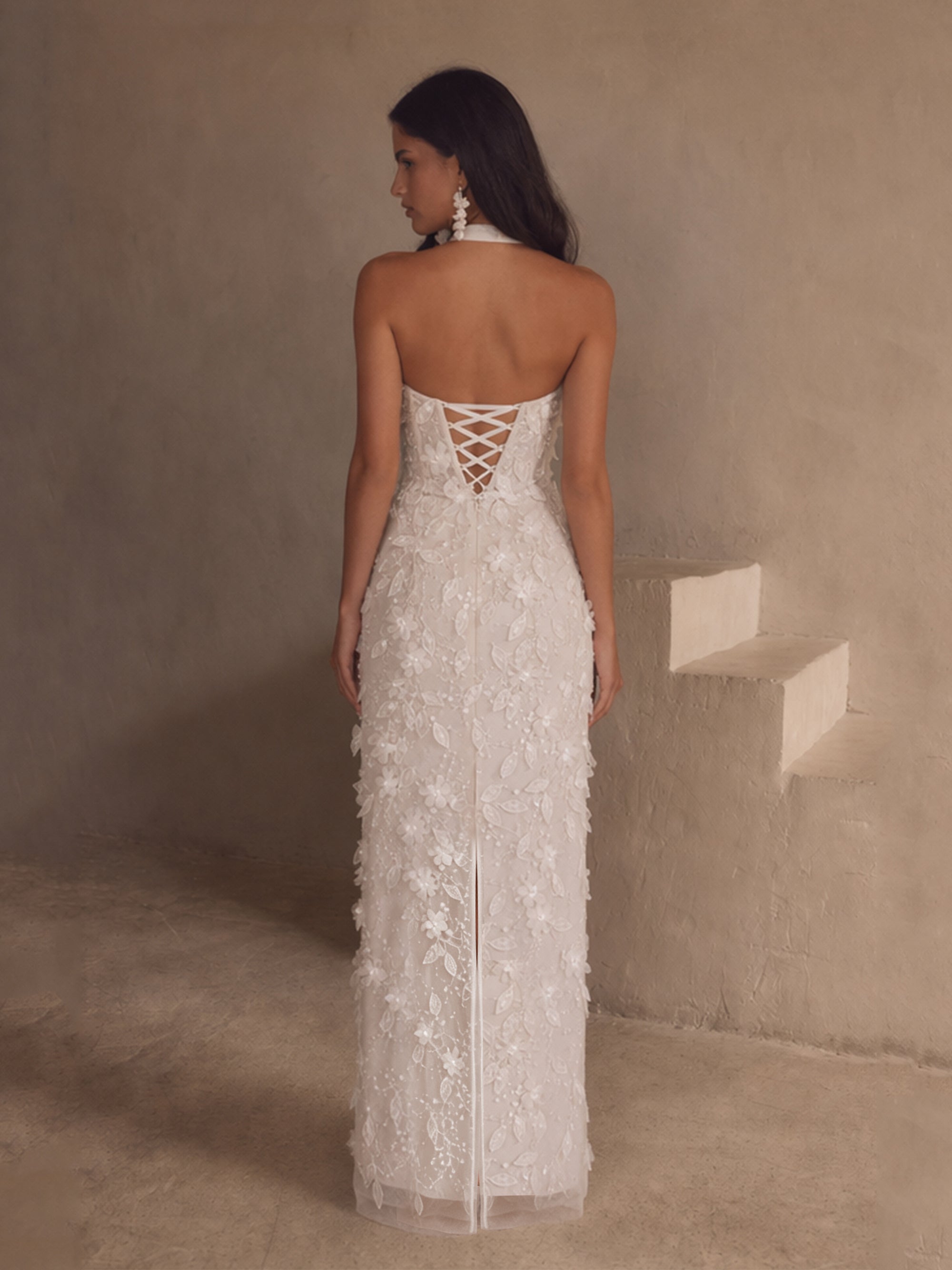 BOLODOO white 3D floral appliqué halter neck maxi dress - back view showing lace-up corset and back slit