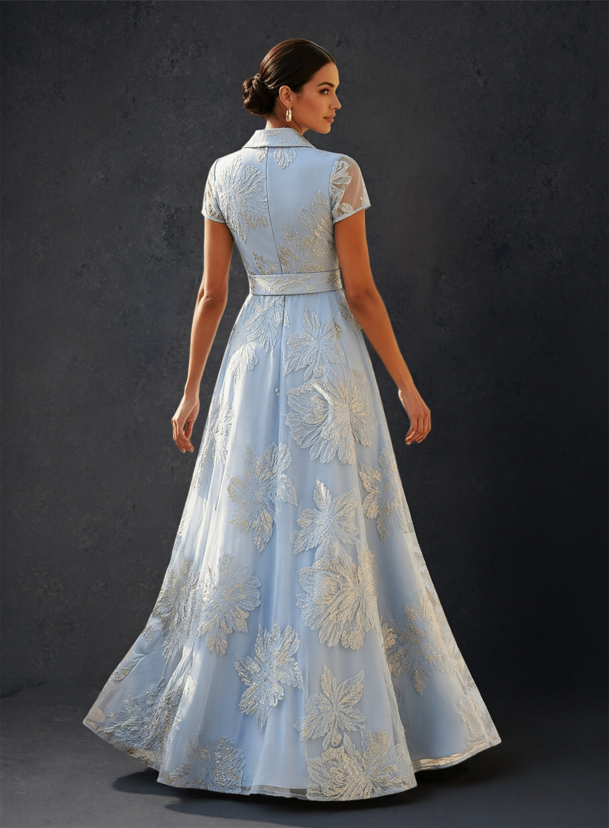 BOLODOO dusty blue metallic jacquard wrap maxi gown - back view showing covered back shawl collar and sweep train