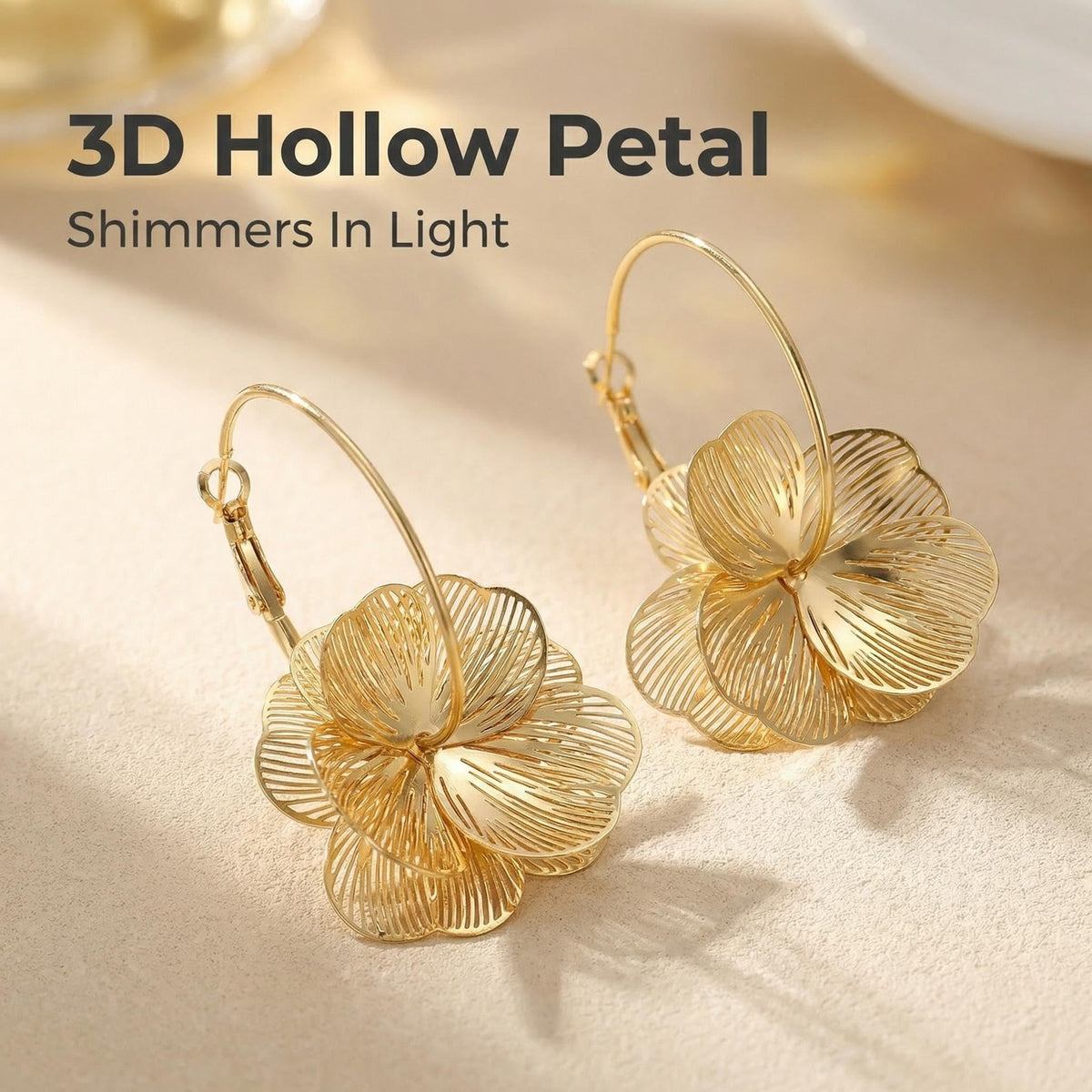 BOLODOO Gold-Tone 3D Flower Hoop Earrings 