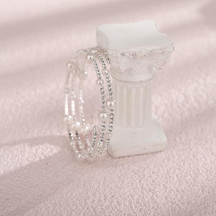 Multi Layered Stretch Wrap Silver Bracelets with Rhinestone - BOLODOO